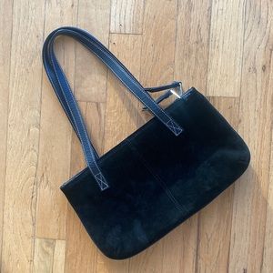 J.Crew black suede and leather strap double shoulder bag with red interior
